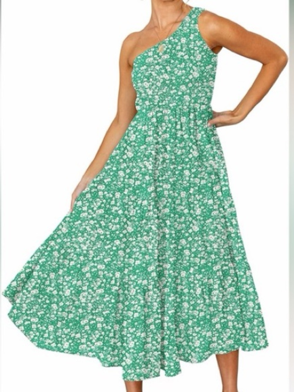 Zesica NWT Bohemian Green and White Floral Print One Shoulder Tiered Midi Dress
